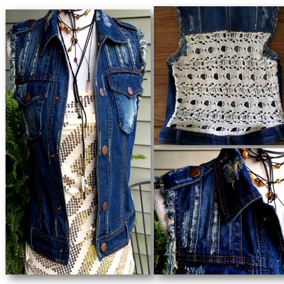 Daytrip Jackets & Blazers - Heavy distressed festival crochet back jean jacket